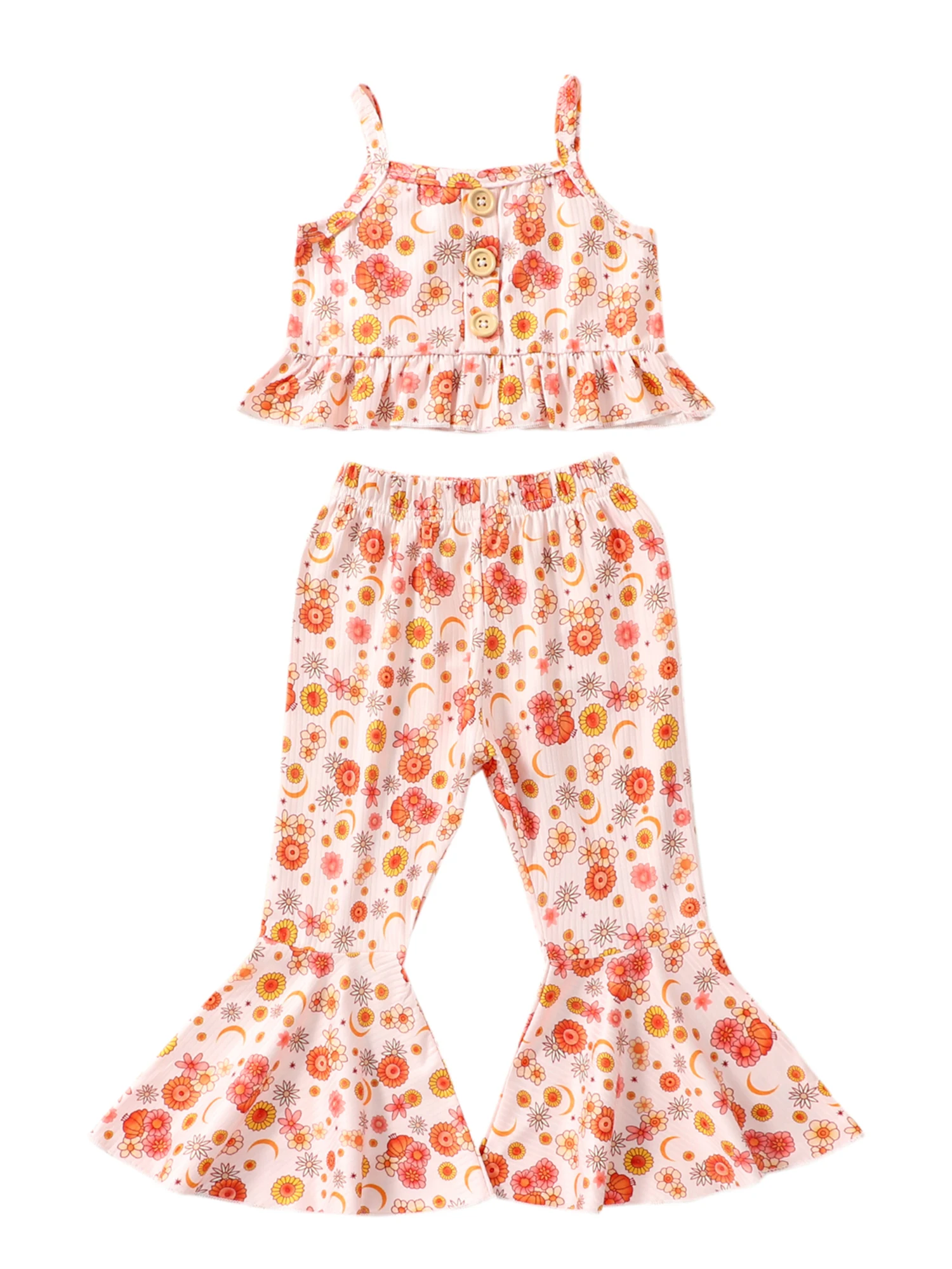 

Jkerther летний повседневный наряд для маленьких девочек, цветочный кружевной короткий топ без рукавов, эластичная талия, расклешенные брюки, комплект из 2 предметов