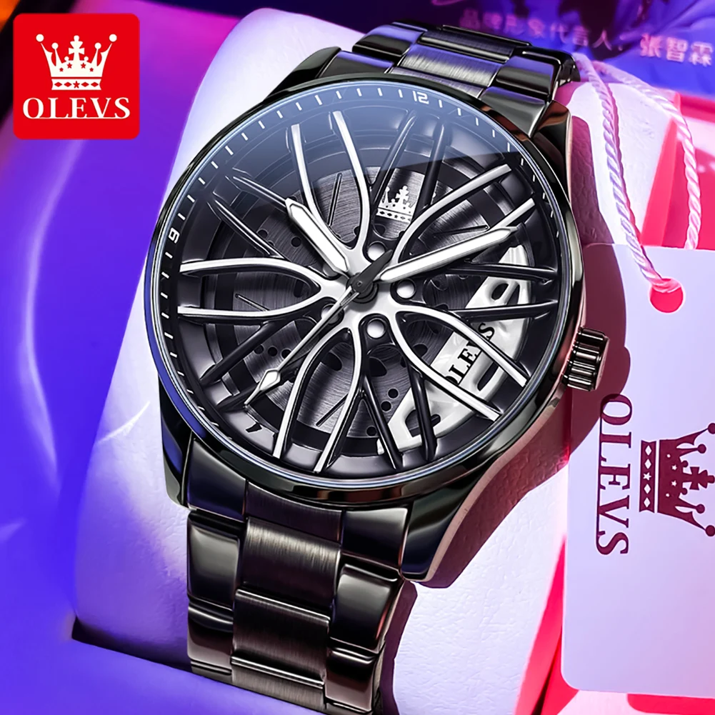 OLEVS 9937 Кварцевые часы для мужчин Wheel Boss Design 3D полый вращающийся циферблат
