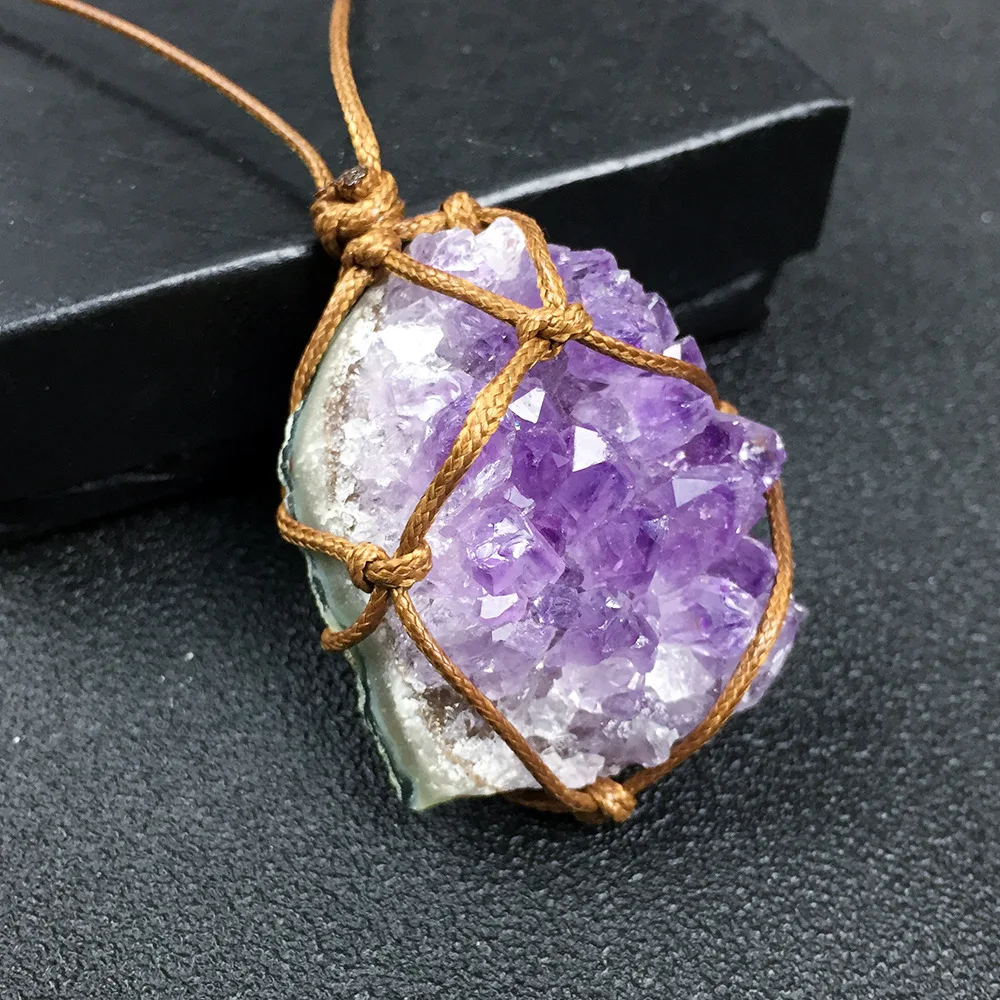 

Natural Amethyst Cluster Original Stone Pendant Sweater Chain Purple Crystal Rope Wrapped Necklace Amethyst Tooth Hanging