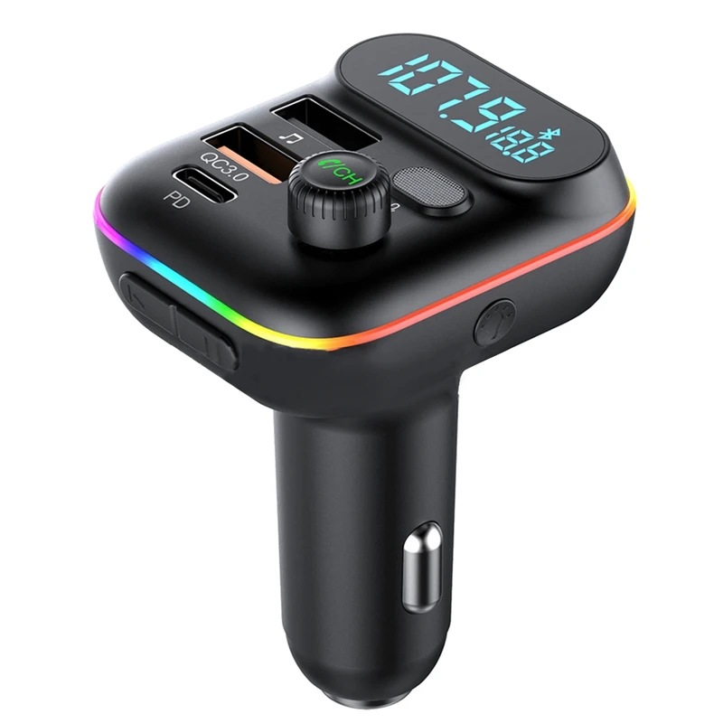 

Car Bluetooth 5.0 FM Transmitter PD 20W Type-C QC3.0 Dual USB Charger 7-Colorful Atmosphere Light MP3 Player