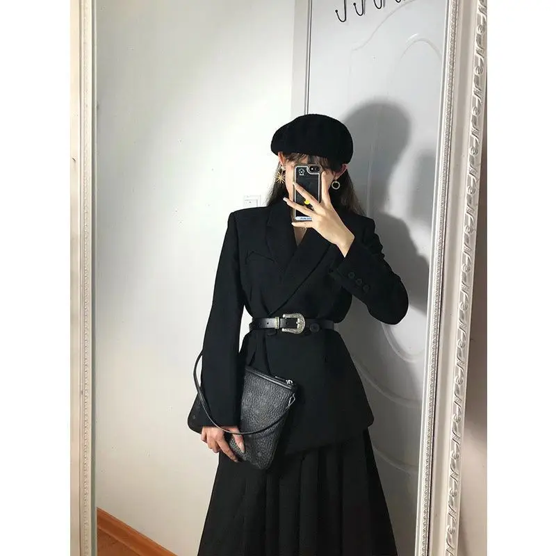 

2023 New Autumn Winter Korean Two Pieces Set Women's Single-Breasted Belt Slim Jacket Top+High Waist A Line Skirt Suit D52