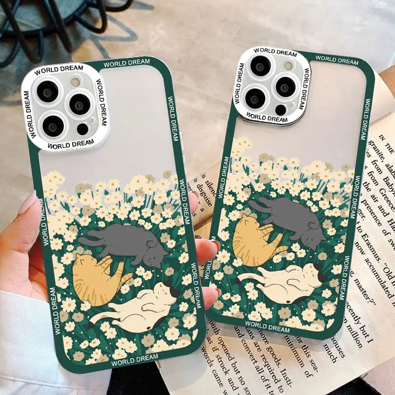 

Fashion Cute flowers Cat Clear Phone Case For iPhone 8 7 14 Plus SE2 14 Pro Max 11 12 Pro 13 Pro Max XS XR X Transparent Covers