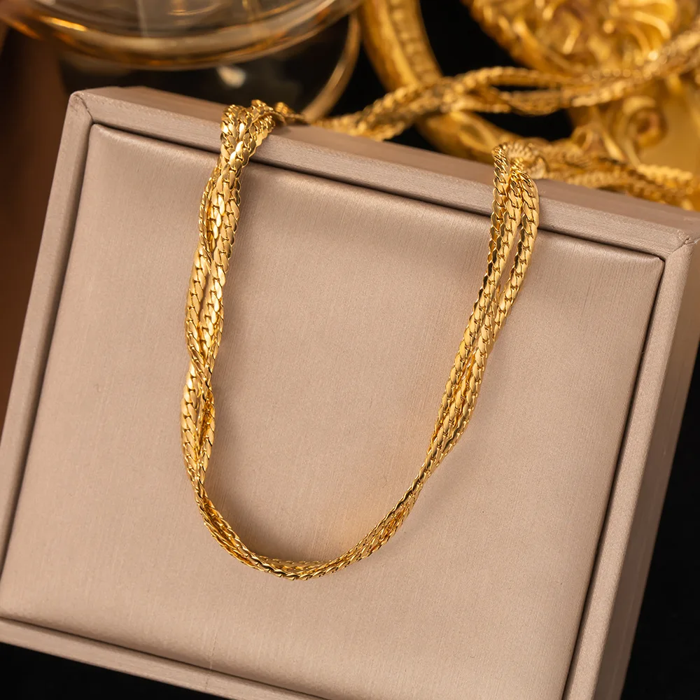 Stainless Steel Tricolor Woven Snake Bone Chain Necklace Bracelet Jewelry Sets For Women