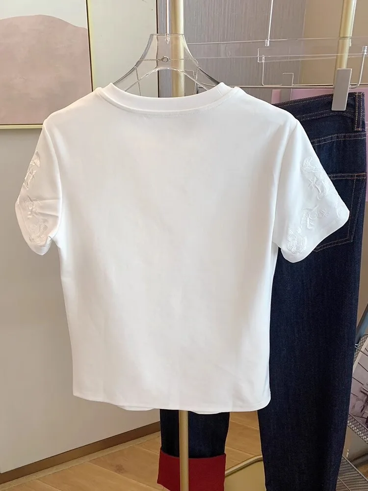 Модный дизайн однотонная футболка с короткими рукавами и вышивкой для тяжелой