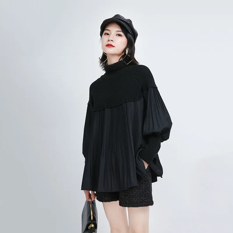 

Turtleneck stitching pleated top women's bubble sleeve pressed pleated doll shirt