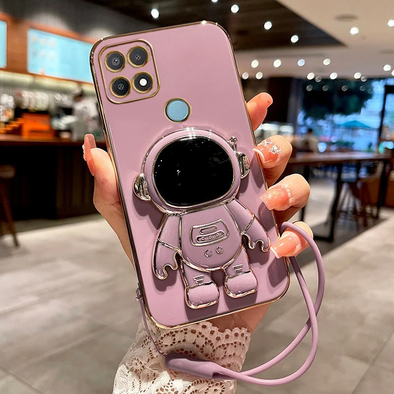 

3D Astronaut Plating for OPPO A16 A15 Case Silicone Folded Holder Stand Case Fundas For OPPO Redmi A10S For OPPO 17 F5 Cover