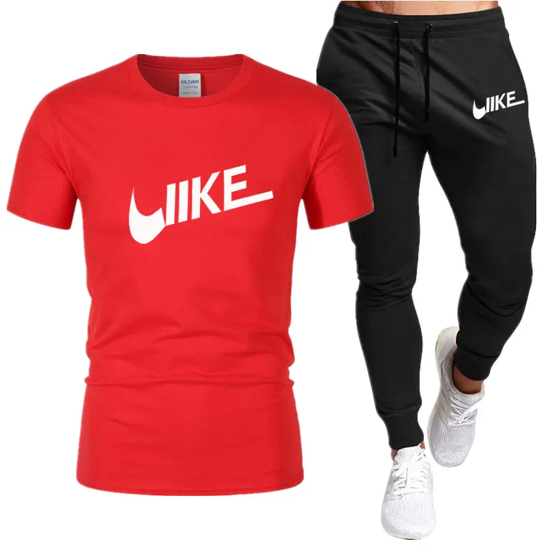 Men's Shirt Training Two Pieces Sets Men Casual Fitness Sport Suit Short Sleeve T Shirt + Men's Casual Pants Sportswear Suits