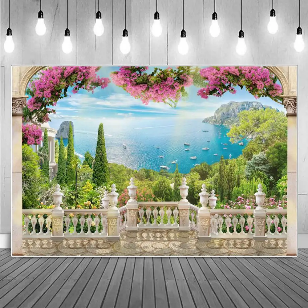 

Marble Viewing Platform Balcony Decoration Photography Backdrops Seaside Flowers Mountains Forest Buildings Photocall Background