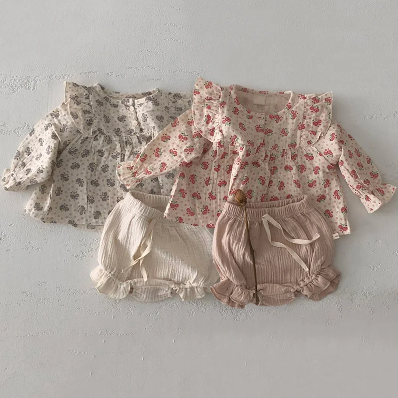 

Spring Summer Newborn Baby Girls Clothes Organic Cotton Ruffled Long Sleeve Shirt Top + Bread Pants Korean Casual Clothing