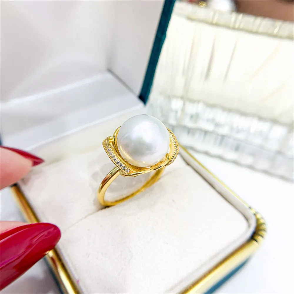 

S925 sterling silver wrapped real gold half hole bead holder ring handmade diy sticky crystal pearl inlay empty holder open ring