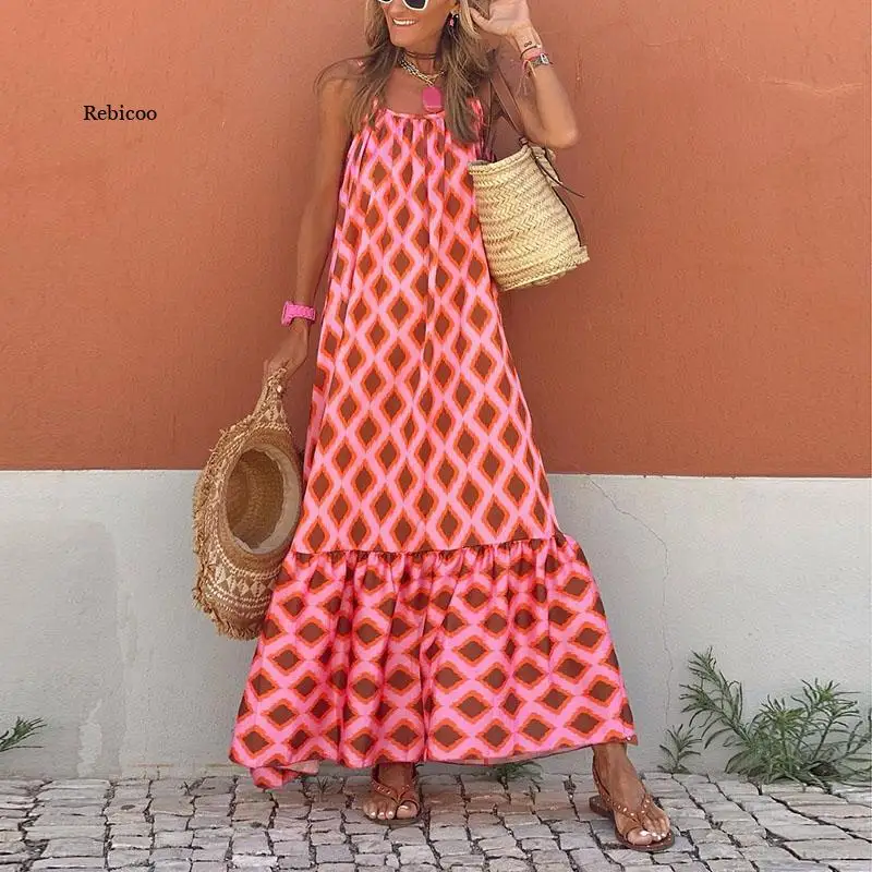 

Sexy Sleeveless Sling Long Dress Women O Neck Backless 2022 Summer Maxi Dress Vintage Rhombus Lattice Boho Party Dress