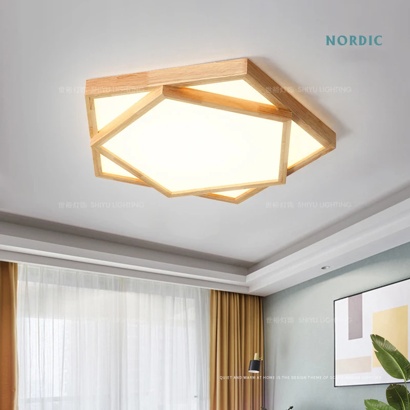 

Solid wood living room ceiling light, rectangular remote control dimming color villa wooden house office ceiling lamps