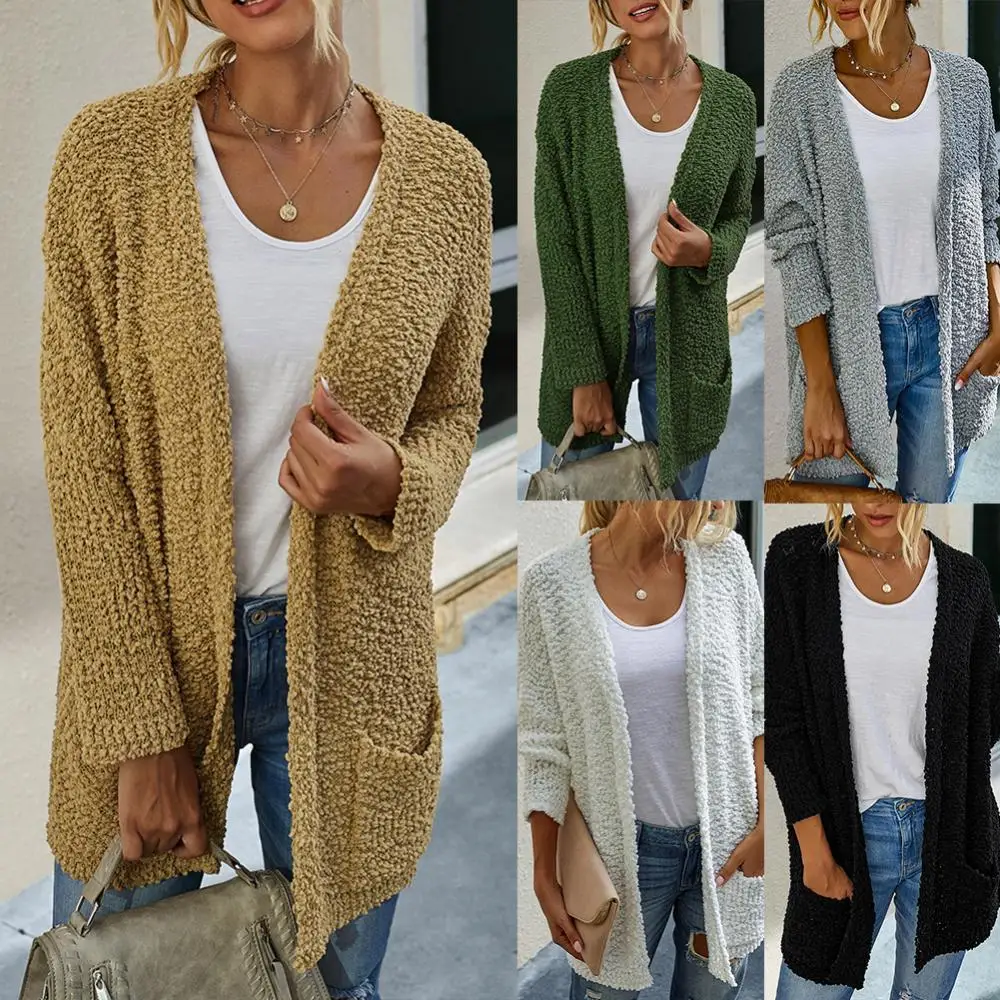 

Fashion Women Solid Color Faux Fleece Pocket Long Coat Cardigan Warm Jumpers Cardigan Female Outerwear Women's Clothing