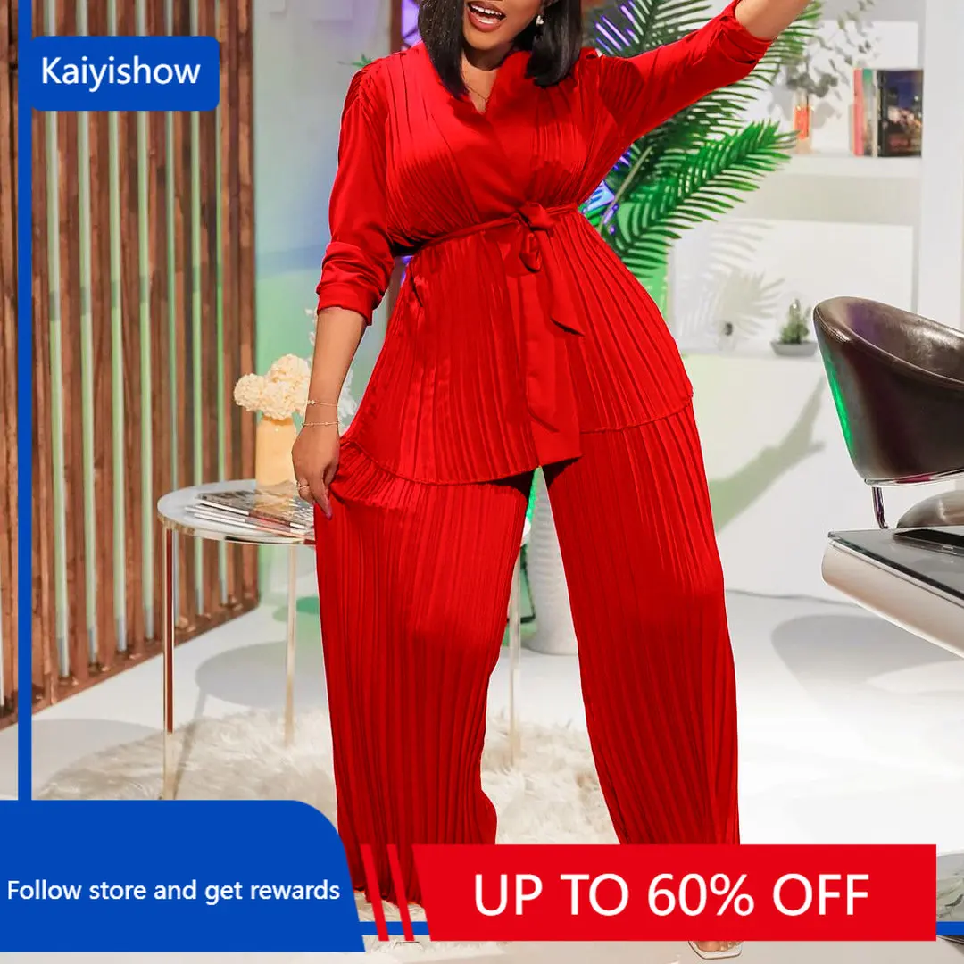 

Spring Summer African Women Long Sleeve V-neck Polyester Pleated 2 PCS Sets Top Long Pant Matching Sets African Clothes
