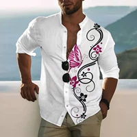 2022 mens shirts springsummer red butterfly printed long sleeve button stand thin loose shirt mens large size casual wear