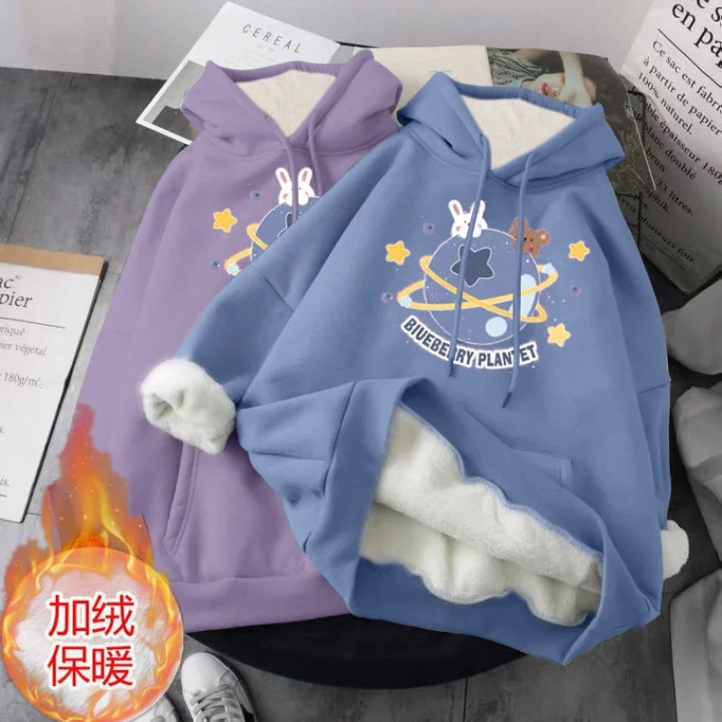 

2023 new cute cartoon print hoodie women's Y2K autumn plus velvet thick loose sweatshirt couple casual all-match pullover hoodie