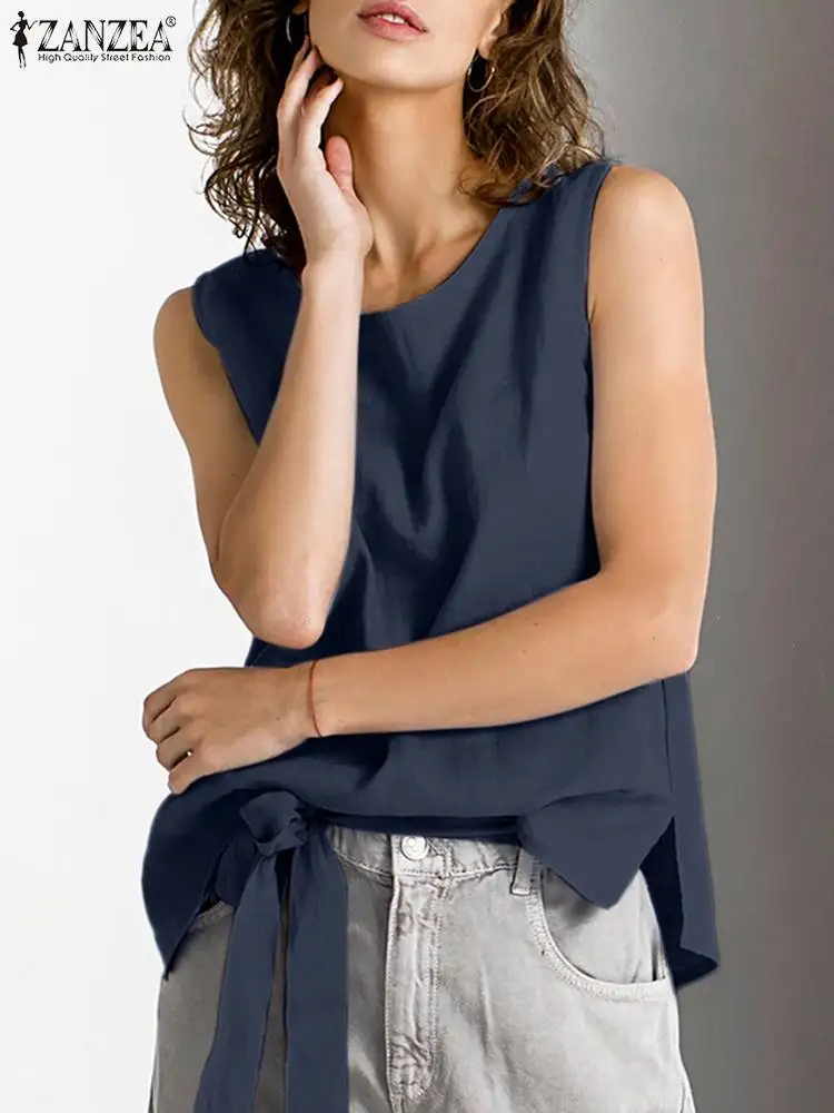 

ZANZEA Summer Casual Lace-Up Tank Tops Fashion Sleeveless Solid Blouse Woman Elegant Loose Cotton Chemise Female Split Hem Shirt