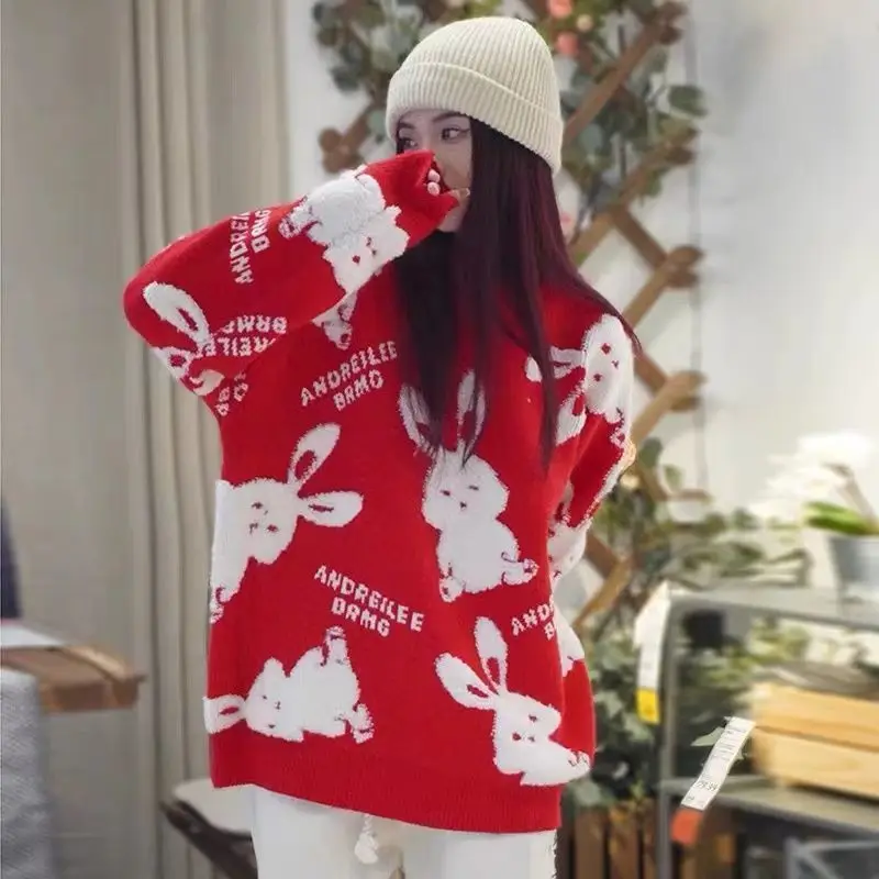 

2023 Autumn and Winter Women's Fashion Loose Casual Knitted Top Rabbit Round Neck Long Sleeve Comfortable Versatile Sweater