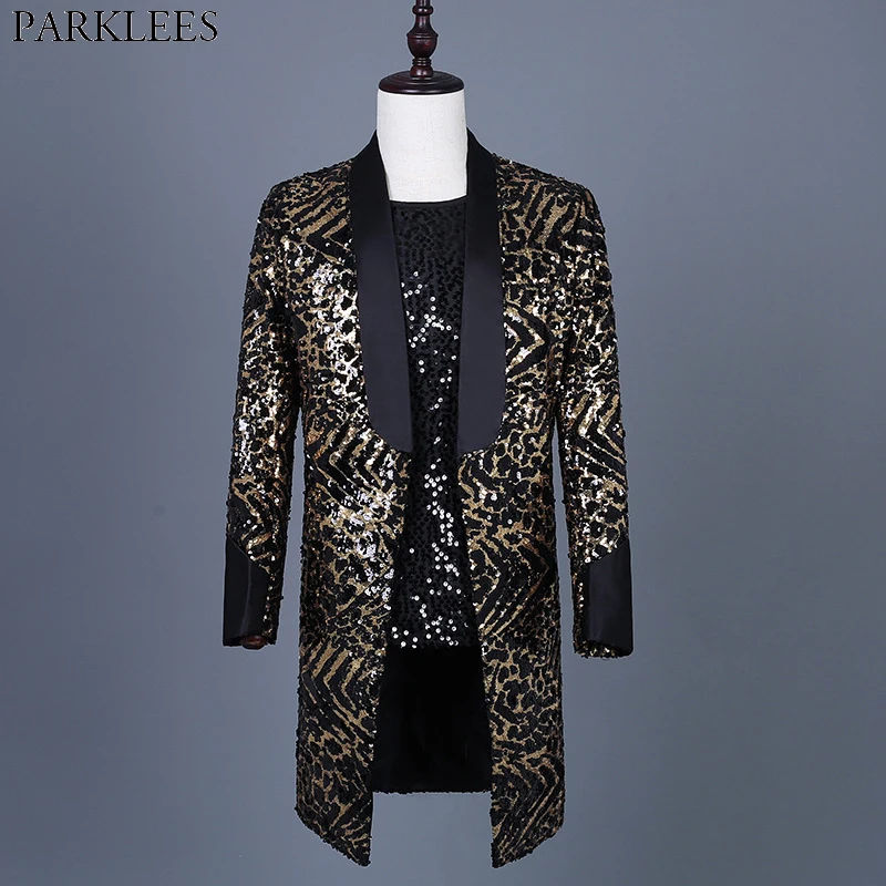 

Leopard Sequin Blazer Jacket Men Brand New Mens Long Glitter Suit Coat Party Dance Singer Stage Shawl Collar Costume Blazer 3XL