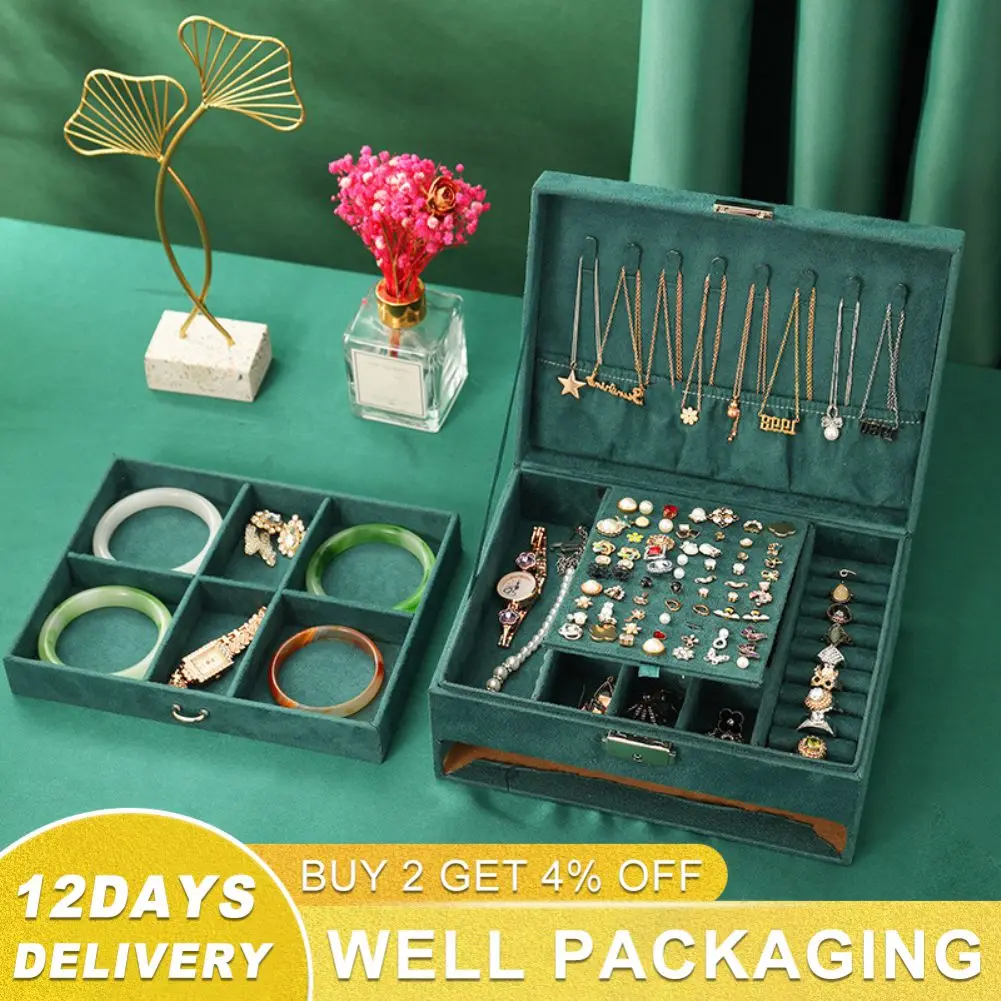 

Органайзер для ювелирных изделий, зеленый фланелевый бокс большой вместимости с замком для ожерелий, серег, колец, многослойный Чехол для хранения, подарки