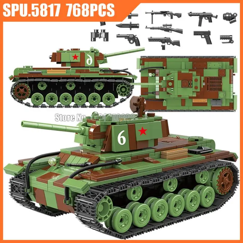 

100070 768pcs Military Soviet Kv-1 Heavy Panzer Tank Ww2 Tank 3 Soldiers Weapon Boy Building Blocks Toy Children