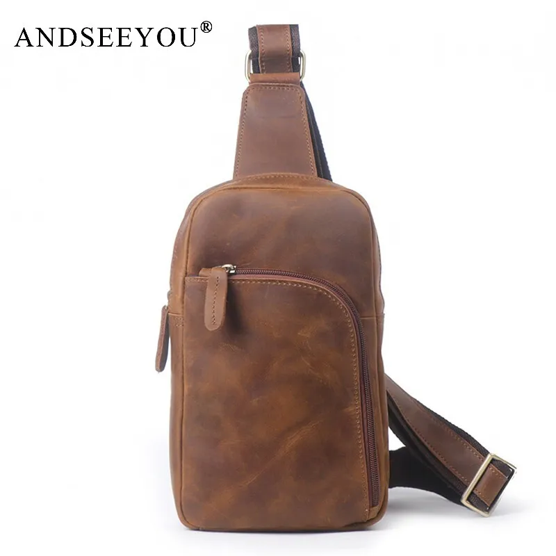 

Andseeyou Brand New Genuine Leather Men's Retro Chest Bag Women's Crazy Horse Leather Casual Messenger Bag Large Capacity Should