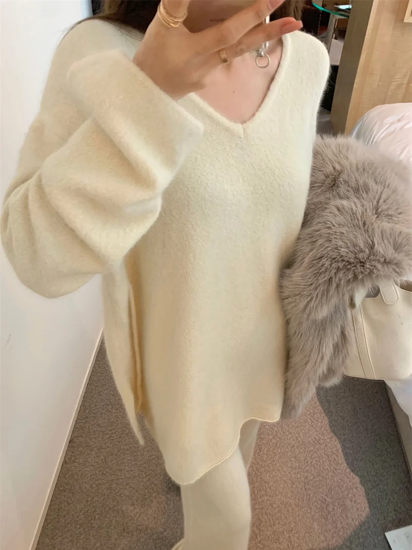 

Корейский трикотажный комплект из двух предметов, женские весенние офисные шикарные Пуловеры, свитеры, новинка 2023, теплые прямые брюки, нежные костюмы