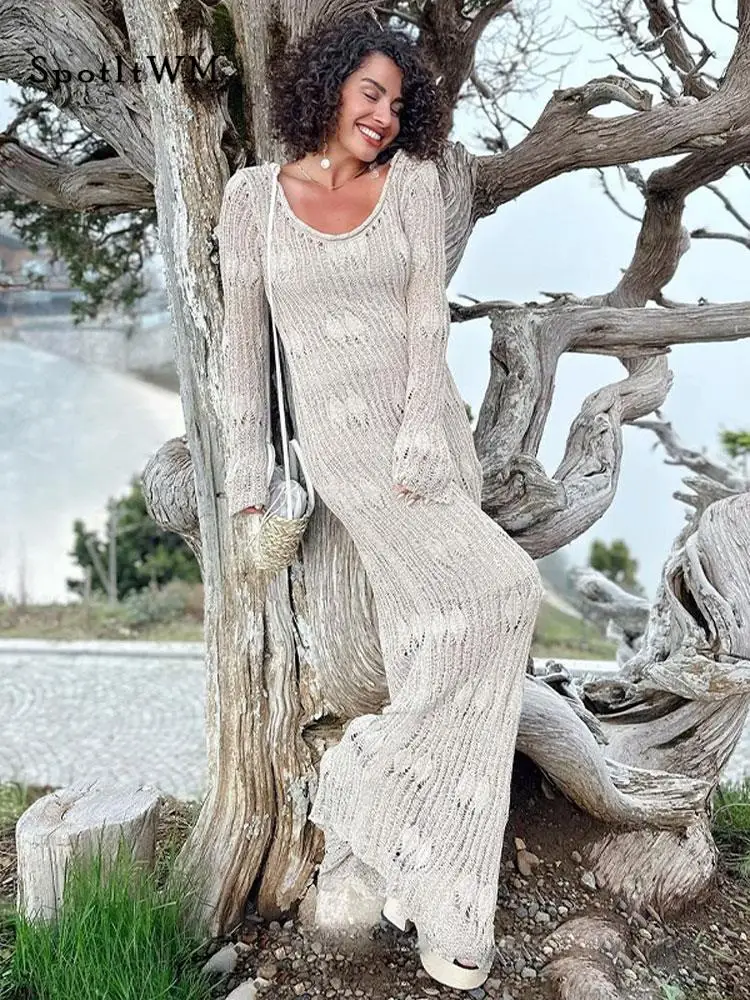 

Women Solid Hollow Out Long Dress Sexy U-neck Long Sleeve High Waist Slim Maxi Dresses 2023 Fashion Female High Street Vestidos