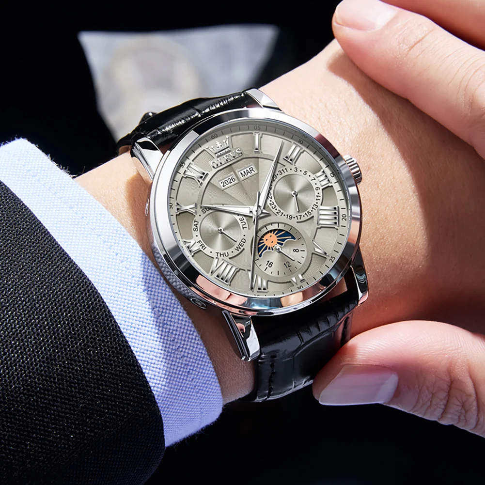 Фото OLEVS Tourbillon Автоматические наручные часы с турбийоном, водонепроницаемые, многофункциональные, механические, мужские, кожаные, Relogio Masculino №5