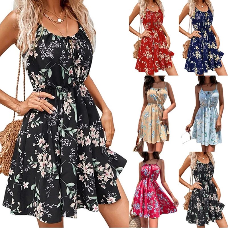 

European and American New 2023 Summer Elegant Sleeveless Dress Pullover Print Elastic Waist Strap Short Skirt for Women
