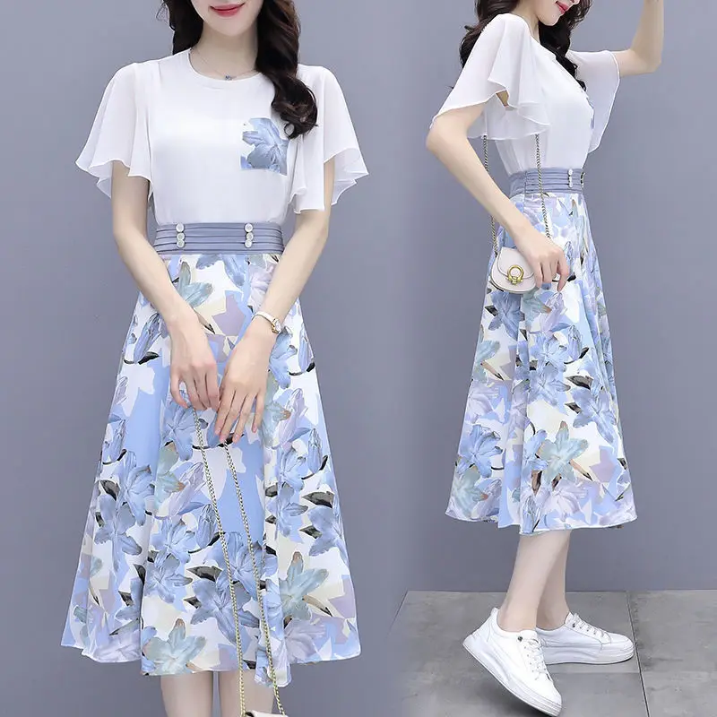 

Women Two Piece Elegant Floral High Waist A-Line Skirt 2022 Summer Short Sleeve T-Shirt Ladies Fashion Skirt Set Two Piece Sets