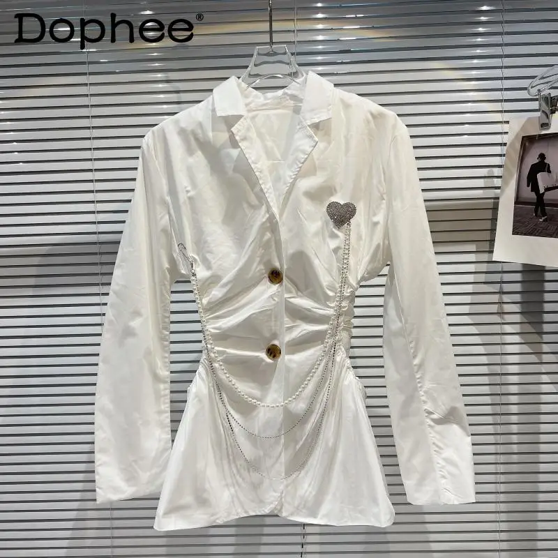 

2022 Spring New Love Brooch Chain Hollow Pleated Slim Shirt Dress Women Elegant Lapel Single Breasted Mid-Length White Blouse