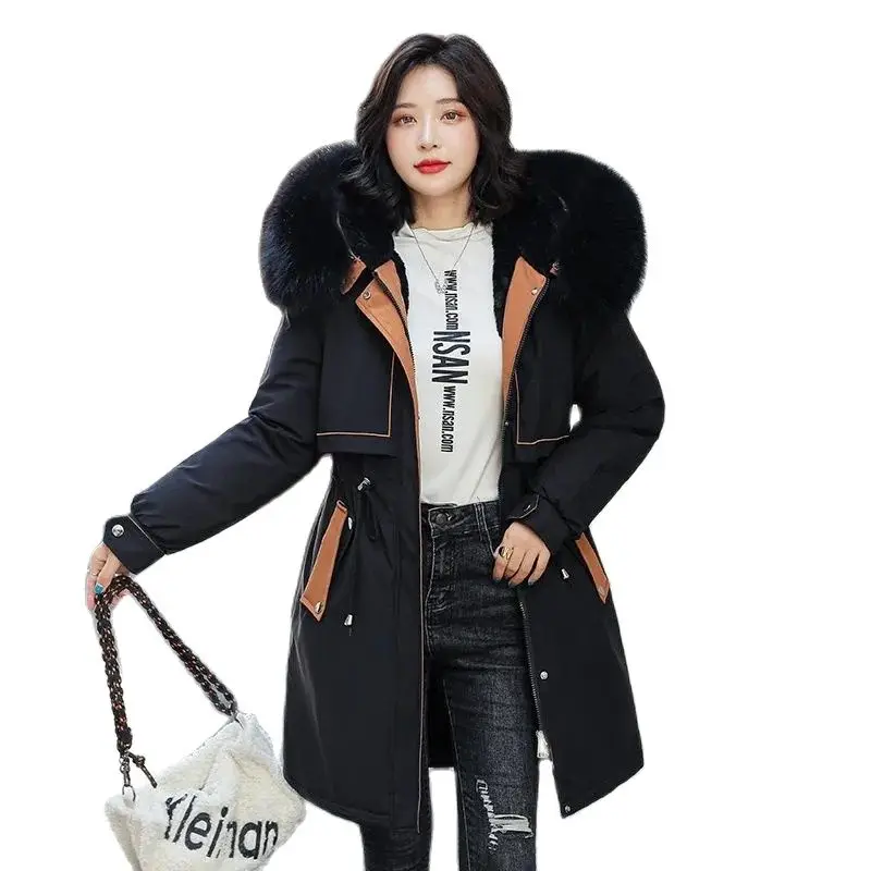 2022 Fleece Thick Women's Parka New Slim Waist Drawstring Big Fur Collar Splicing Outwear Casual Winter Jackets Female Coats Top