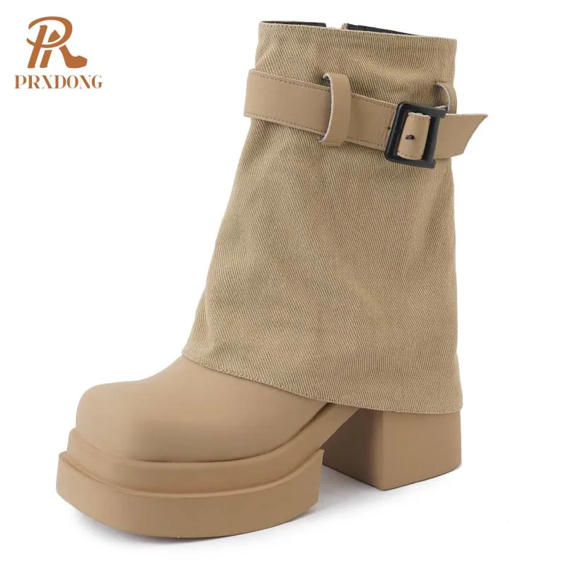 Женские ботильоны на высоком массивном каблуке PRXDONG черные или абрикосовые в