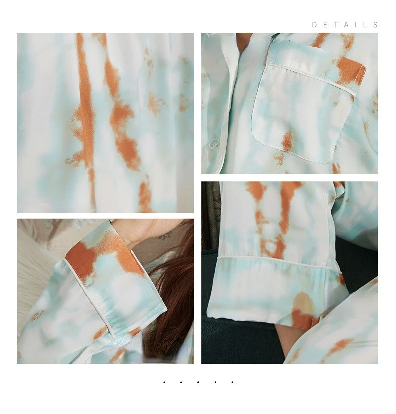 Women's 2 Piece Pajamas Sets Lapel Tie-dyed Pijama Ice Silk Female Pyjama Sleepwear Long Sleeve Shirt Pants Homewear Loungewear