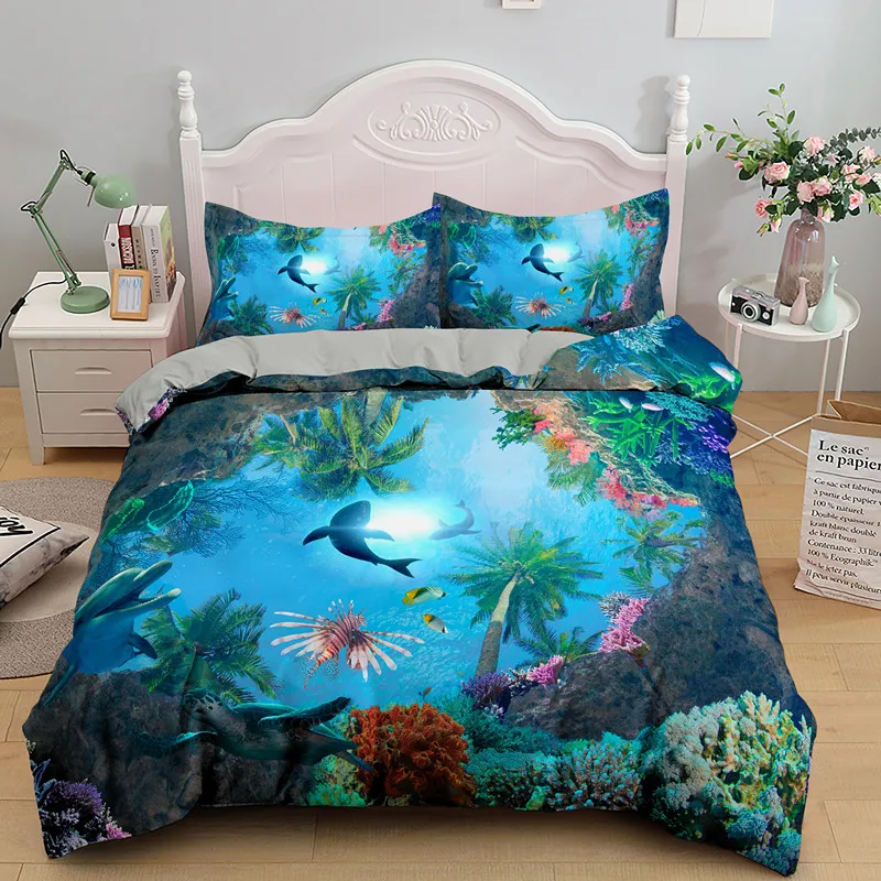 

Blue Underwater World King Queen Duvet Cover Cartoon Ocean Fishes Bedding Set The Marine Life Coral 2/3pcs Polyester Quilt Cover