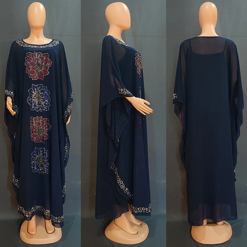 European and American women's Muslim long skirt suit diamond-encrusted chiffon suit two-piece Abaya Islamic holiday suit