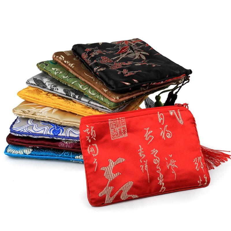 Wholesale 11*15cm Zipper Bag Tassel Brocade Bag Tassel Neck rope Cell Phone Bag Cover Chinese Silk Brocade Glasses Pouches Jewel