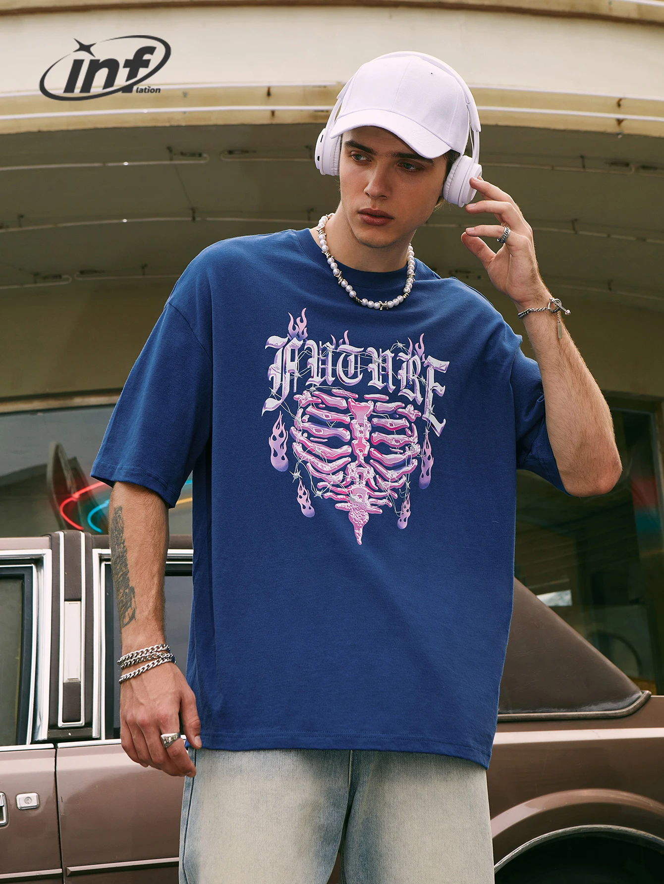 

INFALTION, готические футболки в стиле хип-хоп, Мужская Уличная Футболка с принтом скелета, унисекс, уличная одежда, синие хлопковые футболки