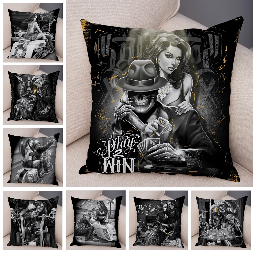

Skull Motorcycle Lady Pillow Case Soft Plush Both Print Decor Cartoon Sexy Women Cushion Cover for Sofa Home Throw Pillowcase