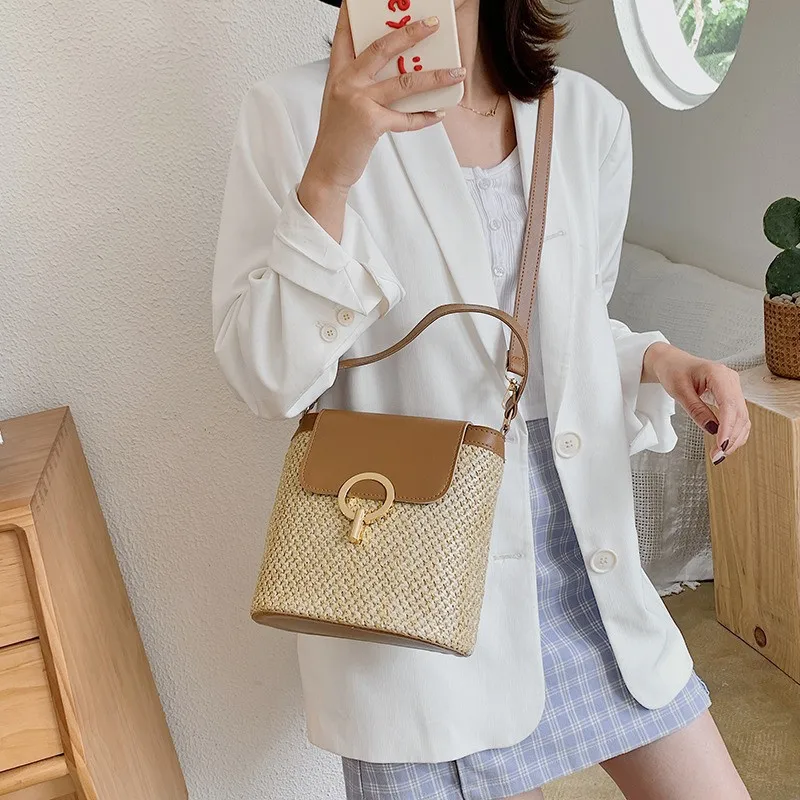 

Small Straw Bucket Bags For Women 2022 Summer Crossbody Bags Lady Travel Purses And Handbags Female Shoulder Simple Bag
