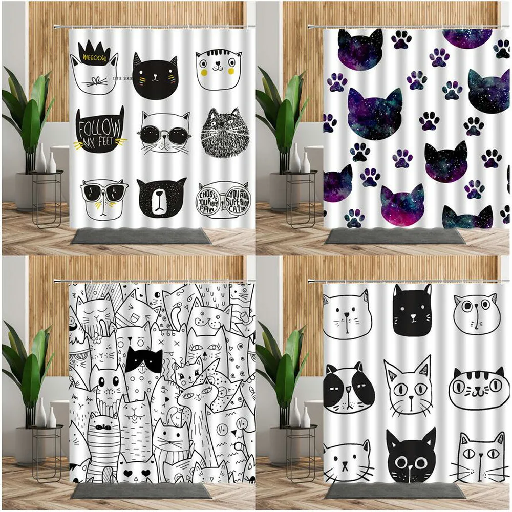 

Cortina de ducha impermeable con dibujos animados en 3D, juego de cortinas de baño con estampado de gato blanco y negro,