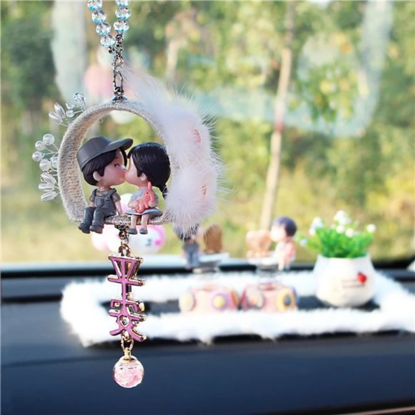

Women Sweet Lovers Car Accessories Interior Couples Crystal Feather Pendant Ornaments Cars Decoration Good Luck Safety Hanger