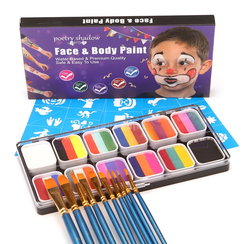 

12 Colors Rainbow Face Paint Kit Colorful Face Body Palette Lasting Makeup Effect With 4 Sheet Stencils Halloween Themed Party