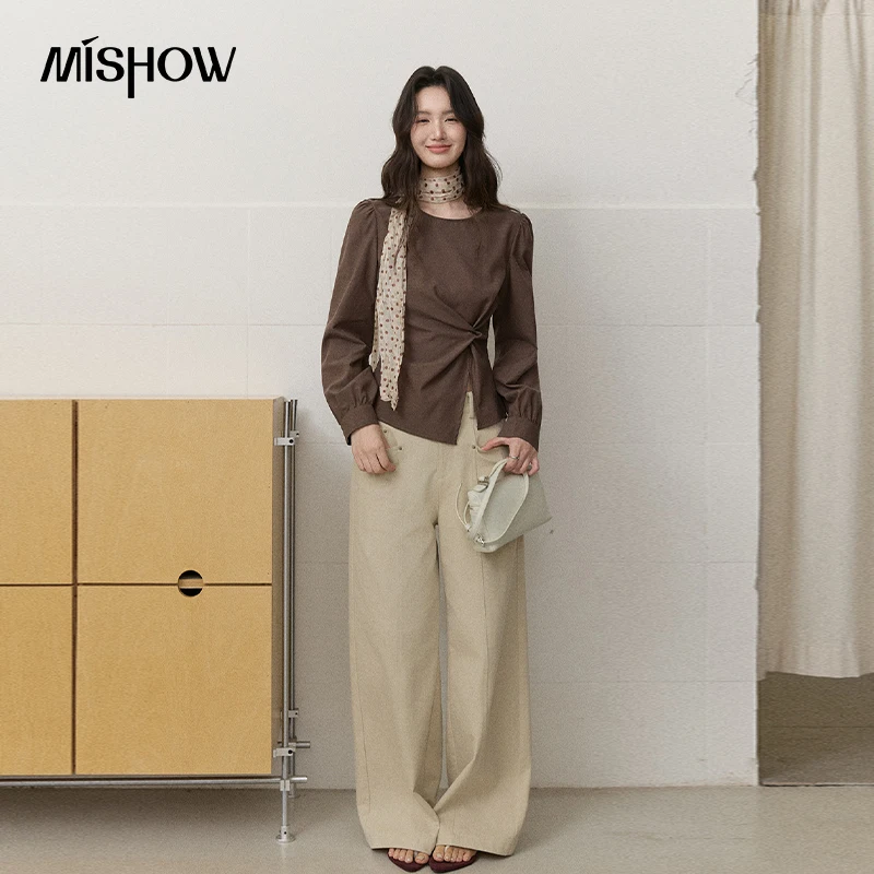 Женская блузка MISHOW с узлом и пышными рукавами, осень 2026, с поясом на талии и шарфом в горошек, модный повседневный топ MXF43X2781 (art.: 3920dd2a3ea63) - 3920dd2a3ea63