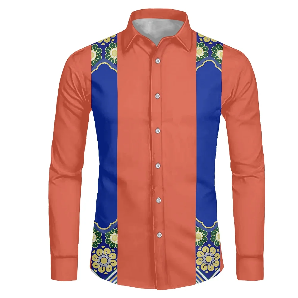 

Guayabera оранжевый фон простой китайский элемент синий цветочный узор отложной воротник соцкольная рубашка вечерние НКА осень мужская одежда