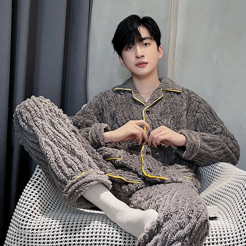 QUHENG 2022 Winter Coral Fleece Winter Men's Pajamas Set Thicken Warm Homewear Set Long Sleeve Trousers Home Clothes Nightwear