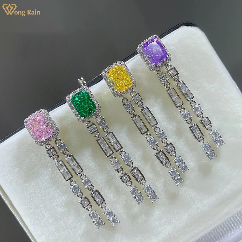 

Wong Rain 100% 925 Sterling Silver Radiant Cut 6*8MM Created Moissanite Gemstone Bohemia Women Dangle Earrings Stud Fine Jewelry