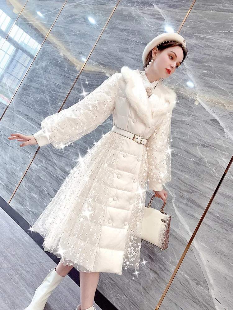 New 2023 Autumn Winter High-End Cotton-Padded Coat Women's Mid-Length Thickened Girl's Lace Jacket Warm Elegant Long Sleeve Coat