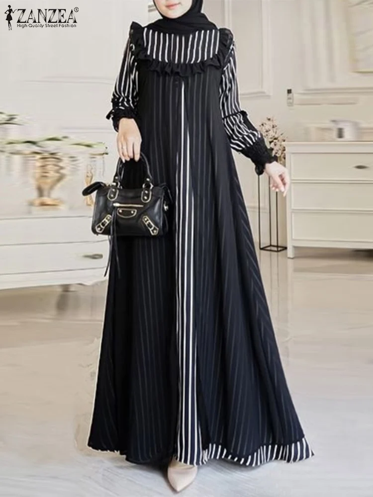 

ZANZEA Vintage Women Muslim Striped Dress Long Sleeve Ruffles Chiffon Sundress Ramadan Islamic Clothing Abaya Dresses Robe Femme